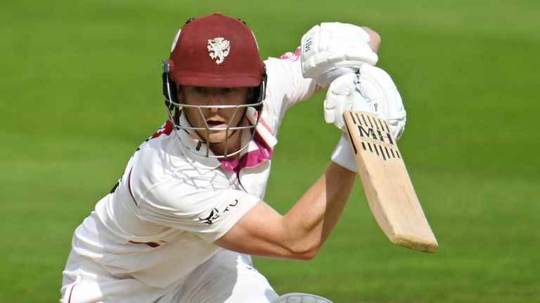 Tom Abell of Somerset plays a shot during Day One of the Vitality County Championship Division One match between Somerset and Durham at The Cooper Associates County Ground