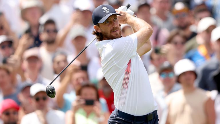 Tommy Fleetwood of Team Great Britain tees off on the seventh hole during Day Four of the Men's Individual Stroke Play on day nine of the Olympic Games Paris 2024 at Le Golf National on August 04, 2024 in Paris, France. (Photo by Kevin C. Cox/Getty Images)