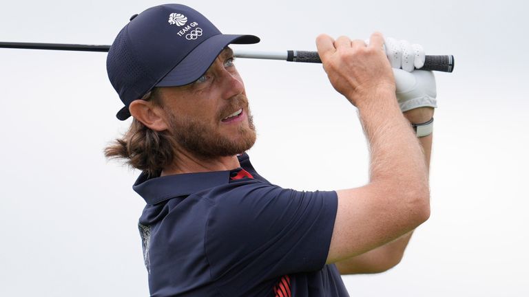 Tommy Fleetwood, of Britain, plays his shot from the 7th tee during the third round of the men's golf event at the 2024 Summer Olympics, Saturday, Aug. 3, 2024, at Le Golf National in Saint-Quentin-en-Yvelines, France. (AP Photo/George Walker IV)