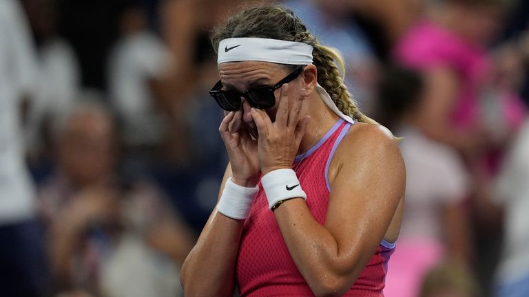 Victoria Azarenka, of Belarus, reacts against Clara Burel, of France, during a second round match of the U.S. Open tennis championships, Wednesday, Aug. 28, 2024, in New York. (AP Photo/Matt Rourke)