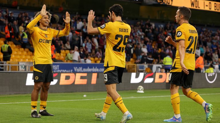 Wolves celebrate Goncalo Guedes' opener against Burnley.