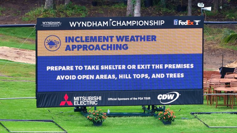 GREENSBORO, NORTH CAROLINA - AUGUST 07: The leaderboard announces inclement weather during practice before the Wyndham Championship at Sedgefield Country Club on August 07, 2024 in Greensboro, North Carolina. (Photo by David Jensen/Getty Images)