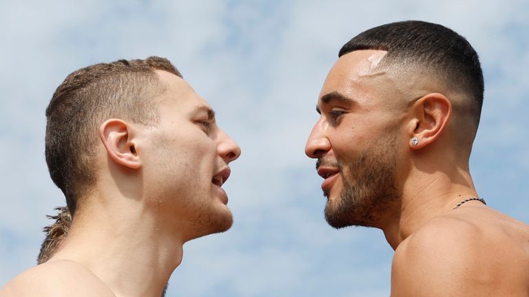 BEN SHALOM BOXXER BATTLE LINES FIGHT WEEK.ZAK CHELLI V CALLUM SIMPSON.PIC LAWRENCE LUSTIG/BOXXER.(PICS FREE FOR EDITORIAL USE ONLY).WEIGH IN 02/08/2024.THE GLASS WORKS, BARNSLEY.BRITISH & COMMONWEALTH SUPER MIDDLEWEIGHT TITLE.ZAK CHELLI V CALLUM SIMPSON