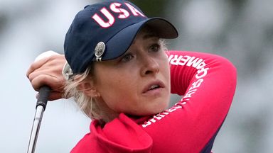 United States' Nelly Korda hits from the second tee during a Solheim Cup golf tournament foursomes match at Robert Trent Jones Golf Club, Friday, Sept. 13, 2024, in Gainesville, VA. (AP Photo/Matt York)