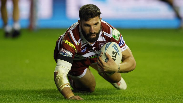 Wigan Warriors' Abbas Miski scores a try against Leeds Rhinos