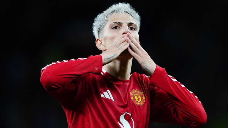 Manchester United's Alejandro Garnacho celebrates after making it 3-0 against Barnsley