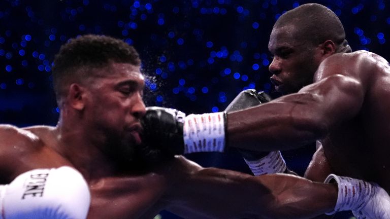 Anthony Joshua and Daniel Dubois in the IBF World Heavyweight fight at Wembley Stadium