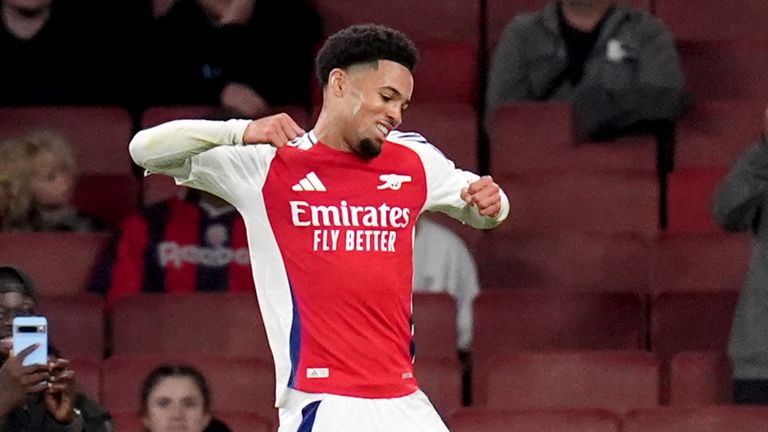 Ethan Nwaneri celebrates his first goal for Arsenal