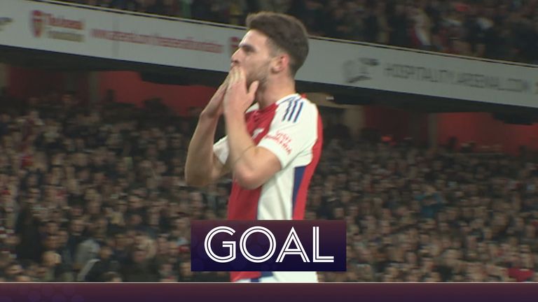 Declan Rice scores the opening goal for Arsenal against Bolton in the Carabao Cup.