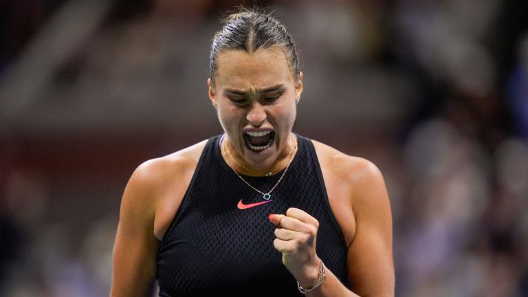 Aryna Sabalenka, of Belarus, reacts after scoring a point against Emma Navarro, of the United States, during the women's singles semifinals of the U.S. Open tennis championships, Thursday, Sept. 5, 2024, in New York. (AP Photo/Julia Nikhinson)