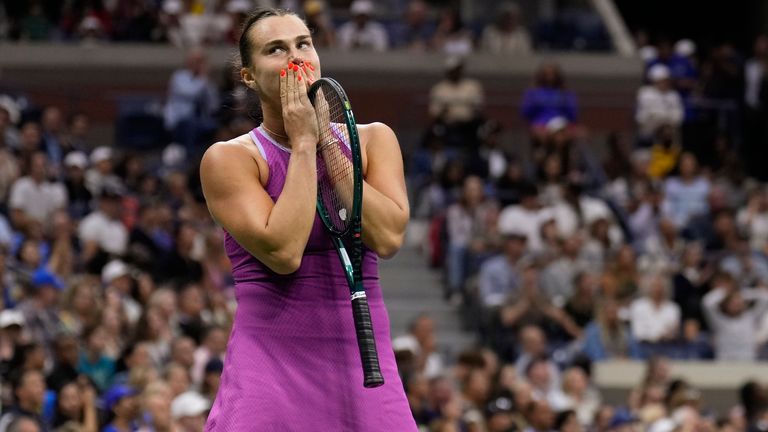 Aryna Sabalenka, of Belarus, reacts in the second set against Jessica Pegula, of the United States, during the women's singles final of the U.S. Open tennis championships, Saturday, Sept. 7, 2024, in New York. (AP Photo/Seth Wenig)