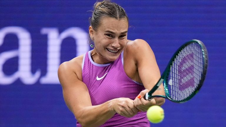Arena Sabalinka, from Belarus, returns a bullet to Jessica Peugeot, from the United States, during the Women's Index Final in the United States Open Tennis Championship, Saturday, September 7, 2024, in New York. (AP Photo/Frank Franklin II)