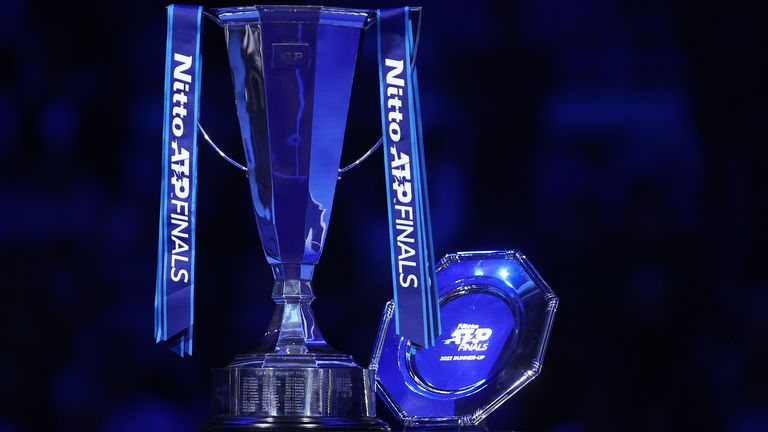 PALA ALPITOUR, TORINO, ITALY - 2023/11/19: The ATP Finals trophy is displayed before the final the final singles match between Novak Djokovic of Serbia and Jannik Sinner of Italy on Day eight of the Nitto ATP World Tour Finals. Novak Djokovic wins 6-3, 6-3 over Jannik Sinner. (Photo by Marco Canoniero/LightRocket via Getty Images)