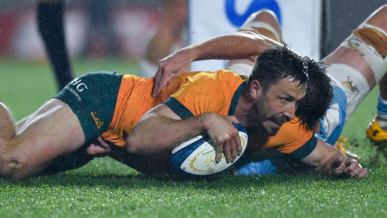 Australia's Jake Gordon scores a try during against Argentina during the 2024 Rugby Championship (Associated Press)