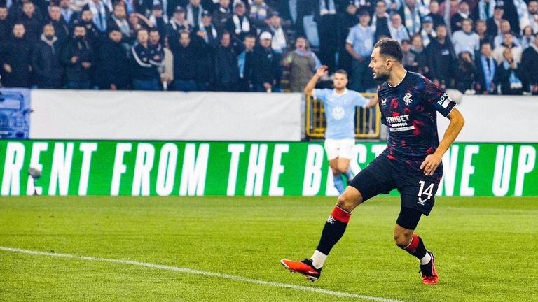 MALMO, SWEDEN - SEPTEMBER 26: Rangers' Nedim Bajrami scores to make it 1-0 during a UEFA Europa League Matchday One League Phase match between Malmo FF and Rangers at the Eleda Stadion, on September 26, 2024, in Malmo, Sweden. (Photo by Alan Harvey / SNS Group)