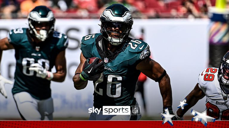 Philadelphia Eagles' Saquon Barkley runs during the second half of an NFL football game against the Tampa Bay Buccaneers, Sunday, Sept. 29, 2024, in Tampa, Fla.