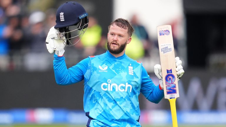 Ben Duckett celebrates his century in the fifth ODI against Australia