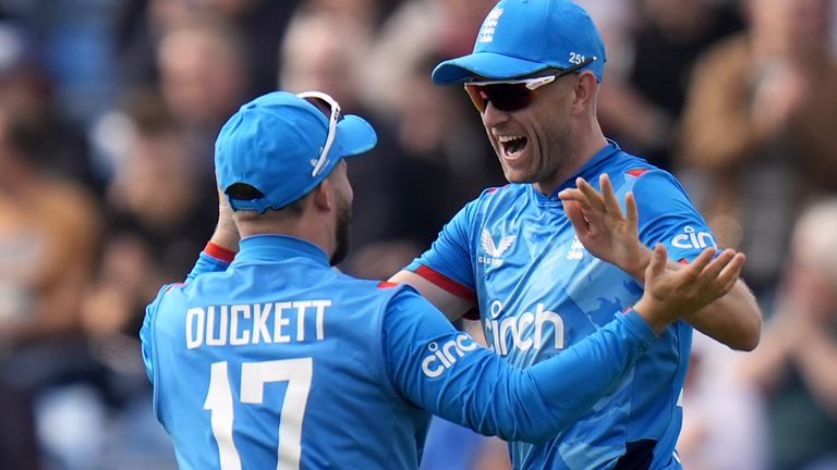 England's Olly Stone celebrates with team-mate Ben Duckett after taking the catch to dismiss Australia's Travis Head during the second one day international match at Headingley, Leeds. Picture date: Saturday September 21, 2024.