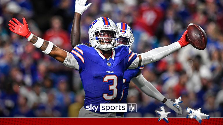 Buffalo Bills defensive end Damar Hamlin (3) celebrates after intercepting a pass during the first half of an NFL football game against the Jacksonville Jaguars, Monday, Sept. 23, 2024, in Orchard Park, N.Y. 