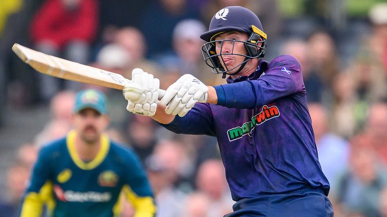 Scotland v Australia - Second T20i - The Grange Club
Scotland's Brandon McMullen plays a ramp shot during the second T20 International match between Scotland and Australia at The Grange Club, Edinburgh. Picture date: Friday September 6, 2024.