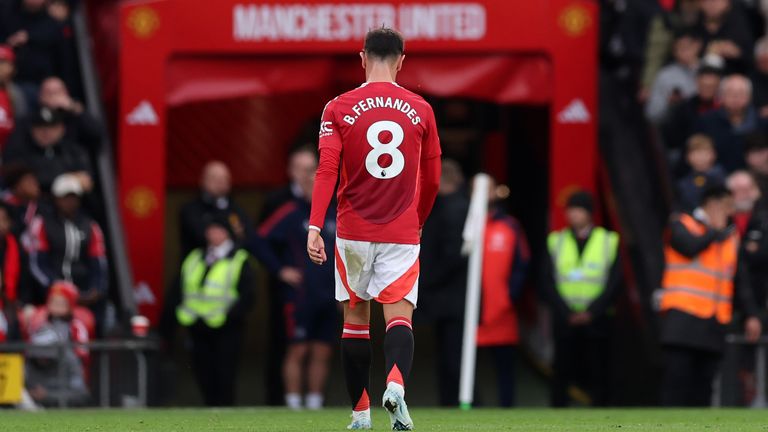 Bruno Fernandes leaves the pitch after being shown a red card