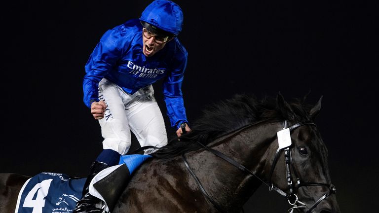 Rebel's Romance's jockey William Buick reacts after winning Group 1 Longines Dubai Sheema Classic over 2410m (12 furlongs) at Meydan Racecourse in Dubai, United Arab Emirates, Saturday, March 30, 2024. (AP Photo/Martin Dokoupil)