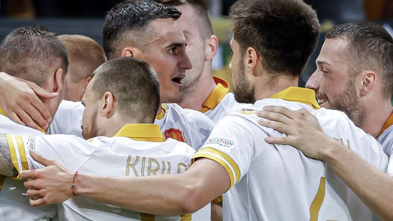 Bulgaria's team celebrate their first goal of the game during the UEFA Nations League soccer match between Bulgaria and Northern Ireland at Hristo Botev Stadium in Plovdiv, Bulgaria Sunday, Sept. 8, 2024. (AP Photo / Tony Uzunov)