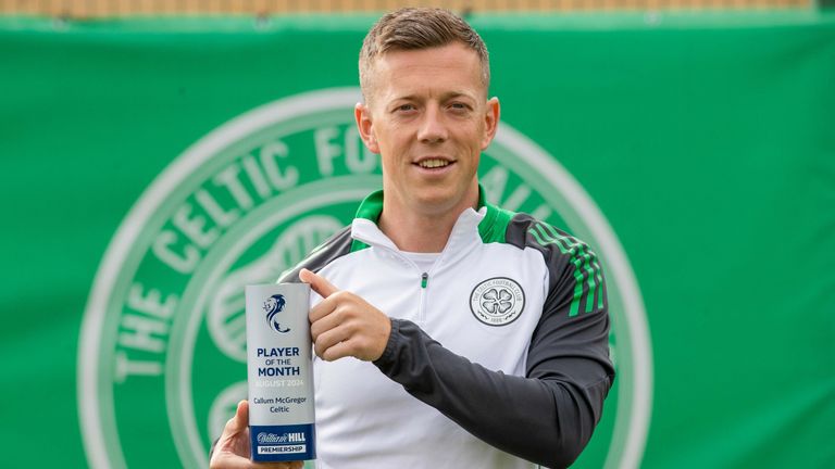 GLASGOW, SCOTLAND - SEPTEMBER 13: Celtic's Callum McGregor is awarded the SPFL Player of the Month award for August at Lennoxtown Training Centre, on September 13, 2024, in Glasgow, Scotland. (Photo by Craig Williamson / SNS Group)