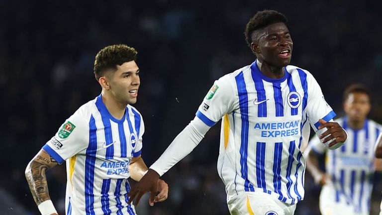 Carlos Baleba celebrates opening the scoring for Brighton