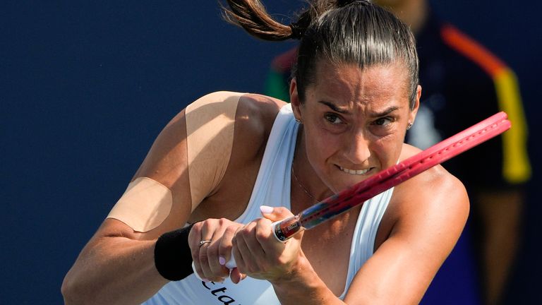 Caroline Garcia, of France, returns a shot to Renata Zarazua, of Mexico, during the first round of the U.S. Open tennis championships, Tuesday, Aug. 27, 2024, in New York. (AP Photo/Pamela Smith)