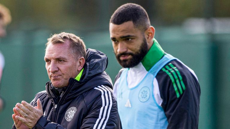 GLASGOW, SCOTLAND - AUGUST 23: Celtic Manager Brendan Rodgers and Cameron Carter-Vickers during a Celtic training session at the Lennoxtown Training Centre, on August 23, 2024, in Glasgow, Scotland. (Photo by Craig Williamson / SNS Group)