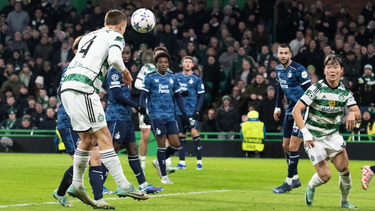 GLASGOW, SCOTLAND - DECEMBER 13: Celtic's Gustaf Lagerbielke scores to make it 2-1 to Celtic during a UEFA Champions League group stage match between Celtic and Feyenoord at Celtic Park, on December 13, 2023, in Glasgow, Scotland. (Photo by Paul Devlin / SNS Group)