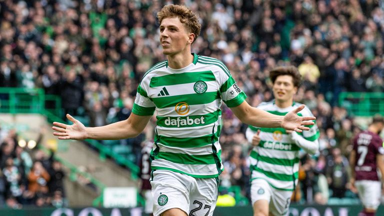 Celtic's Arne Engels celebrates his first goal