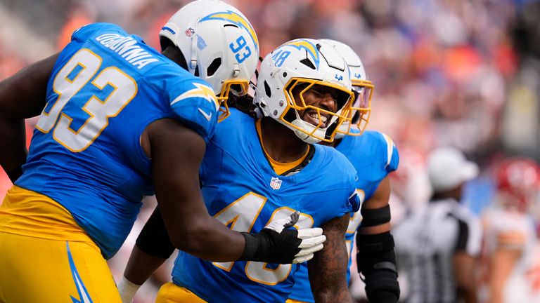 Los Angeles Chargers outside linebacker Bud Dupree, right, is congratulated by teammate Otito Ogbonnia (93) after sacking Kansas City Chiefs quarterback Patrick Mahomes for a 5-yard loss during the first half of an NFL football game Sunday, Sept. 29, 2024, in Inglewood, Calif. (AP Photo/Marcio Jose Sanchez)