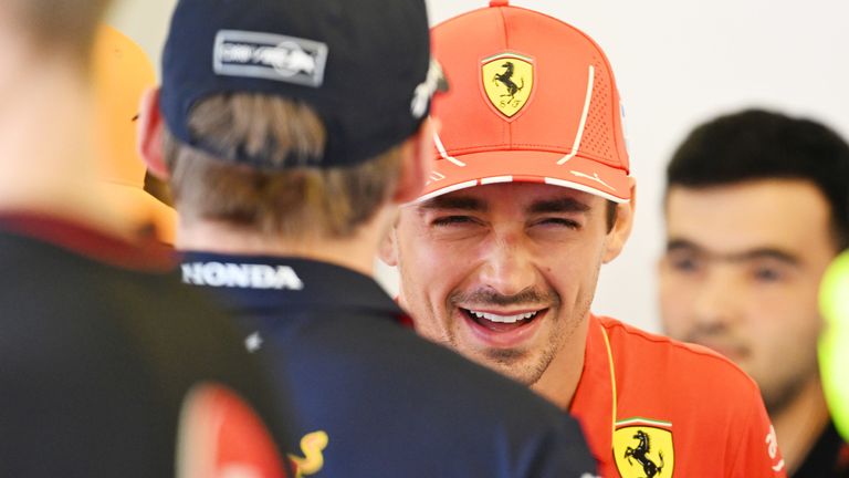 Charles Leclerc chats with Max Verstappen at the drivers' presentation during the Azerbaijan GP