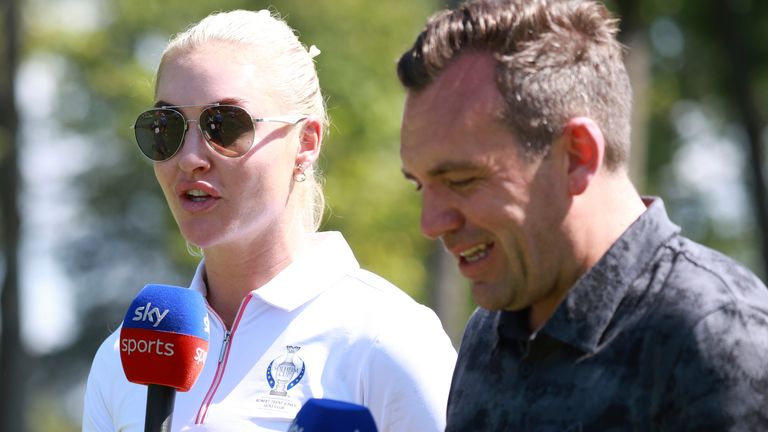 GAINESVILLE, VA - SEPTEMBER 11: Team Europe golfer Charley Hull does an interview with Sky Sports on the 18th hole during the 2nd day of practice for the Solheim Cup on September 11th, 2024, at the Robert Trent Jones Golf Club in Gainesville, Virginia. (Photo by Brian Spurlock/Icon Sportswire) (Icon Sportswire via AP Images)