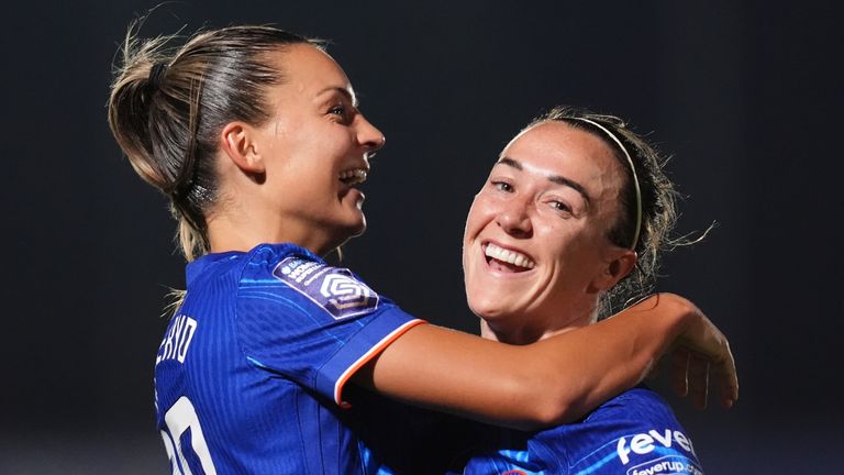 Johanna Rytting Kanerney (left) of Chelsea famous with Lucy Bronze after scoring the first goal against Aston Villa