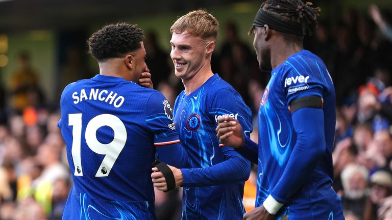 Cole Palmer celebrates his and Chelsea's second goal of the game 