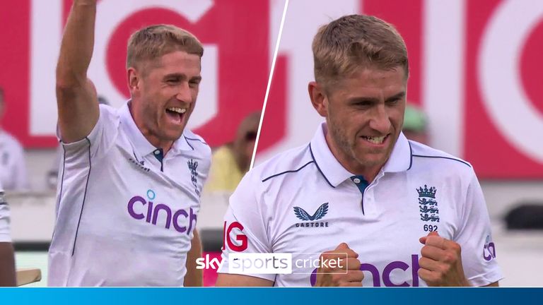 Ollie Stone takes the wicket of Milan Rathnayake on day three of England's third Test against Sri Lanka.