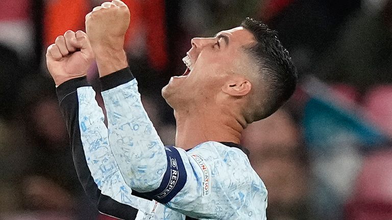 Portugal's Cristiano Ronaldo celebrates after scoring his side's second goal during the UEFA Nations League soccer match between Portugal and Croatia at the Luz stadium in Lisbon, Thursday, Sept. 5, 2024. (AP Photo/Armando Franca)