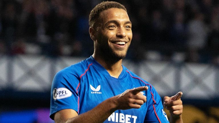 Cyriel Dessers celebrates scoring to make it 3-0 to Rangers