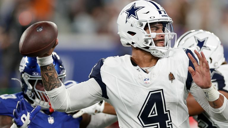 Dallas Cowboys quarterback Dak Prescott (4) passes against the New York Giants during the second quarter of an NFL football game, Thursday, Sept. 26, 2024, in East Rutherford, N.J. (AP Photo/Adam Hunger)