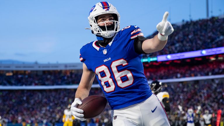 Buffalo Bills tight end Dalton Kincaid (86) reacts after a touchdown reception during an NFL wild-card playoff football game, Monday, Jan. 15, 2024, in Orchard Park, NY. (AP Photo/Matt Durisko)