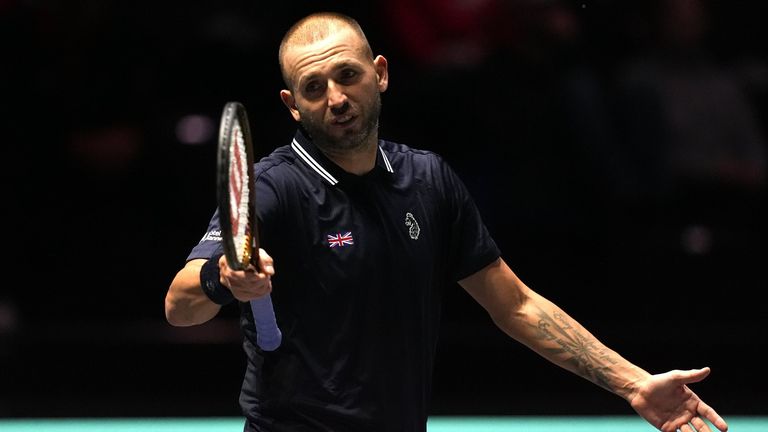 Great Britain's Dan Evans reacts during the Davis Cup group stage finals match at the AO Arena in Manchester (PA Images)