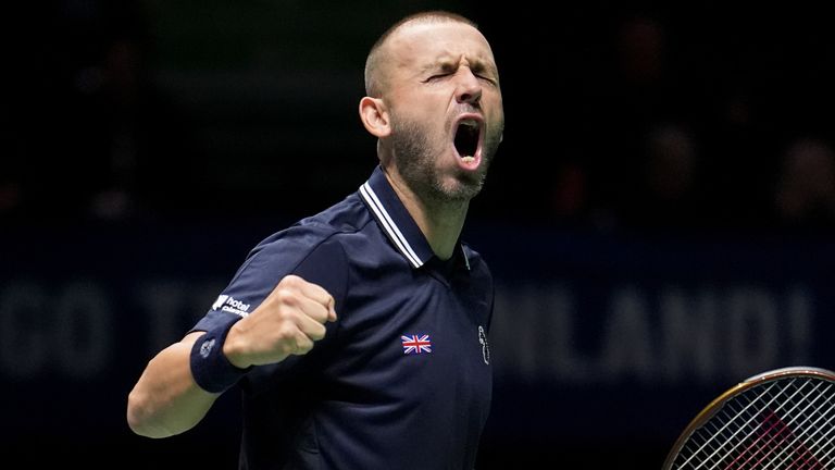 Finland vs Great Britain - Davis Cup 2024 - Group Stage - Final - AO Arena Daniel Evans of Great Britain celebrates winning a point during the Davis Cup group final match at the AO Arena in Manchester. Date recorded: Wednesday, September 11, 2024.