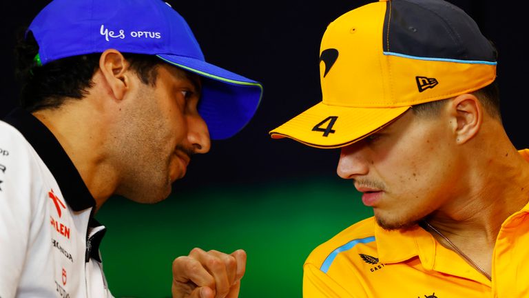 AUTODROMO INTERNAZIONALE ENZO E DINO FERRARI, ITALY - MAY 16: Press Conference.Daniel Ricciardo, Visa Cash App RB F1 Team, and Lando Norris, McLaren F1 Team during the Emilia Romagna GP at Autodromo Internazionale Enzo e Dino Ferrari on Thursday May 16, 2024 in imola, Italy. (Photo by Andy Hone / LAT Images)