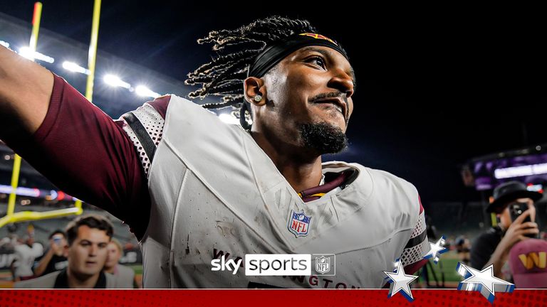 Washington Commanders quarterback Jayden Daniels (5) waves to fans as he leaves the field after an NFL football game against the Cincinnati Bengals, Monday, Sept. 23, 2024, in Cincinnati. The Commanders won 38-33.