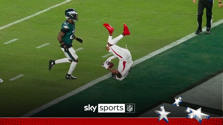 Atlanta Falcons Darnell Mooney front flips over the line for a 42-yard pass touchdown.