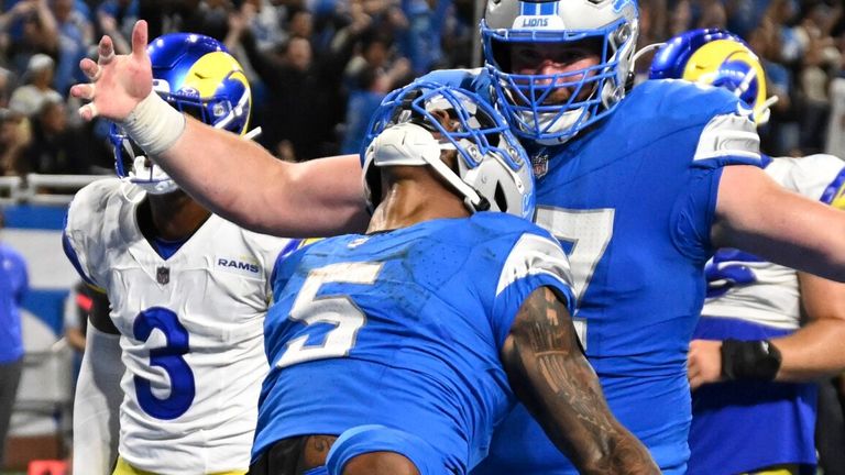 Detroit Lions running back David Montgomery celebrates his one-yard touchdown run to deliver victory against the Los Angeles Rams (AP Photo/David Dermer)