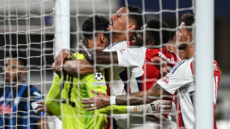 David Raya of Arsenal FC celebrates after a saved penalty during the UEFA Champions League 2024/25 League Phase MD1 match between Atalanta BC and Arsenal FC at Stadio di Bergamo on September 19, 2024 in Bergamo, Italy. 